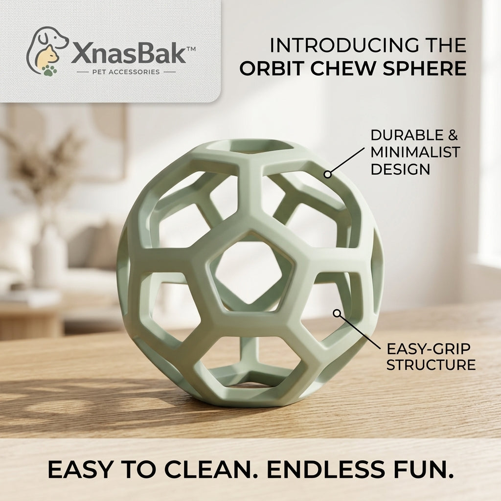 XnasBak™ Orbit Chew Sphere | Durable Rubber Dog Toy for Aggressive Chewers, Hollow Lattice Fetch Ball for Puppies & Medium Dogs, Easy-Grip Treat Dispenser Toy, Washable & Non-Toxic