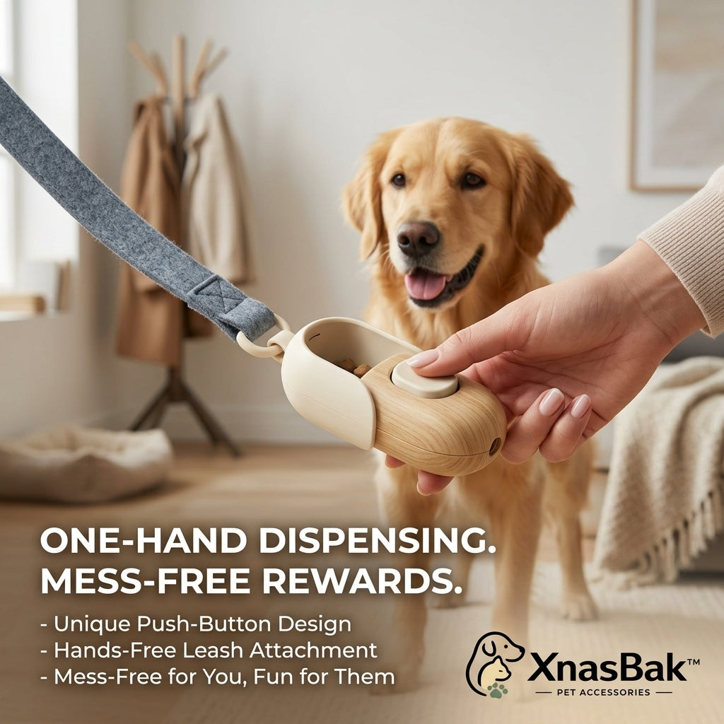 XnasBak™ Portable Dog Treat Dispenser - One-Handed Push Button Reward Toy, Hands-Free Leash Attachment, Mess-Free Pet Training Kibble Carrier for Walking, Aesthetic Wood Grain Design