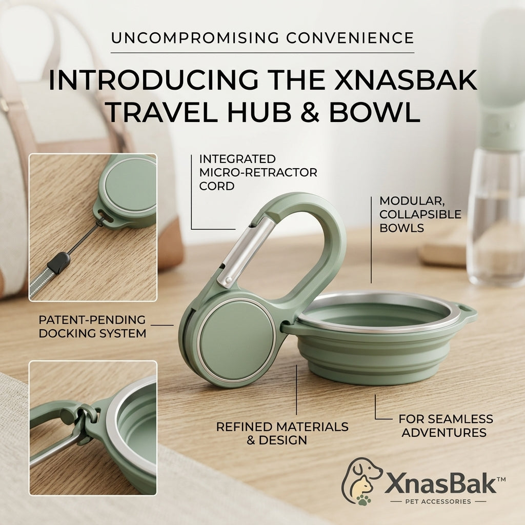 XnasBak™ Collapsible Travel Dog Bowl with Integrated Micro-Retractor Cord & Heavy-Duty Carabiner | Patent-Pending Modular Portable Pet Food & Water Bowl Set | Premium Food-Grade Silicone Feeders for Dogs & Cats, Hiking, Camping, Daily Walking