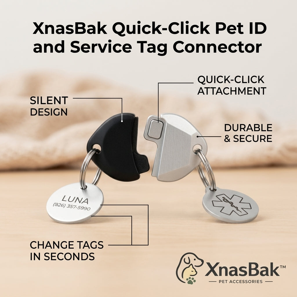 XnasBak™ Quick-Click Pet ID Tag Connector | Silent Quick Release Dog Tag Clip & Holder | Durable & Secure Metal Collar Tag Adapter | Easy Swap Service & Rabies Tag Attachment for Dogs and Cats