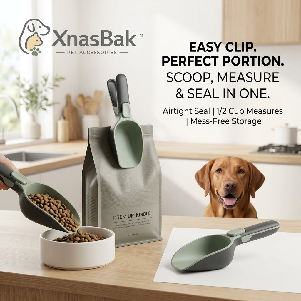 XnasBak™ 3-in-1 Pet Food Scoop and Bag Clip, 1/2 Cup Measuring Spoon for Dog & Cat Kibble, Heavy Duty Airtight Bag Sealer and Food Portion Control scoop, Durable & Ergonomic Pet Feeding Accessory