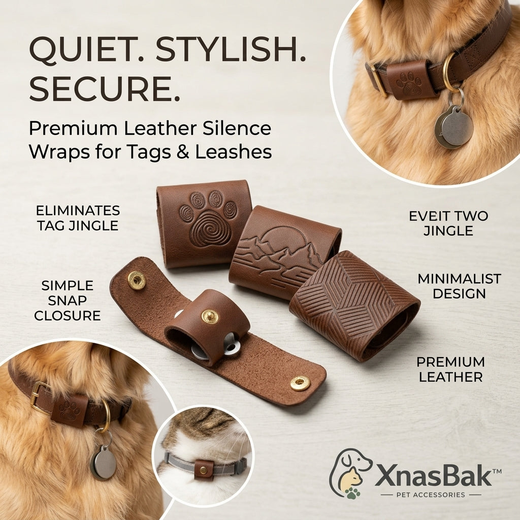 XnasBak™ Premium Leather Dog Tag Silencer Wrap | Quiet Pet ID Tag Sleeve | No-Jingle Snap Collar Attachment for Dogs and Cats | Minimalist Genuine Leather Protective Cover Shield